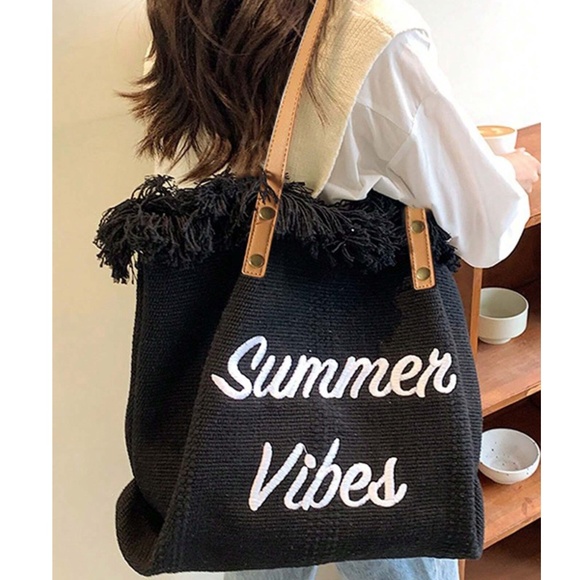 Luxe Vegan Leather Straps Summer Vibes Large Travel Beach Bag - Picture 9 of 10